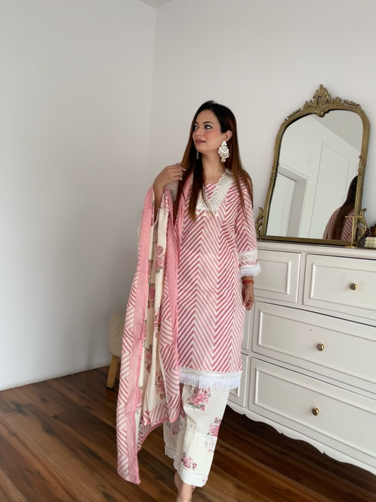 Pink Chevron Floral Embroidered Suit Set