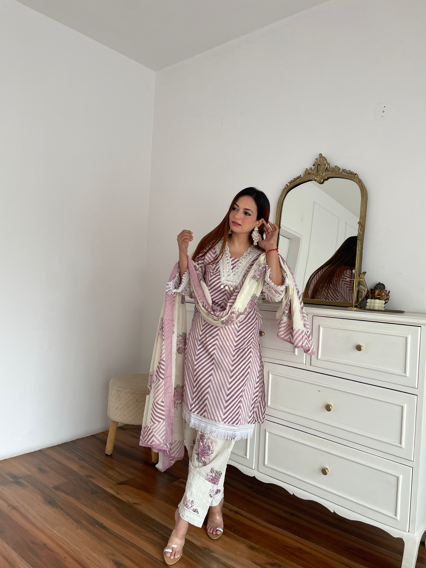 Purple Chevron Floral Embroidered Suit Set