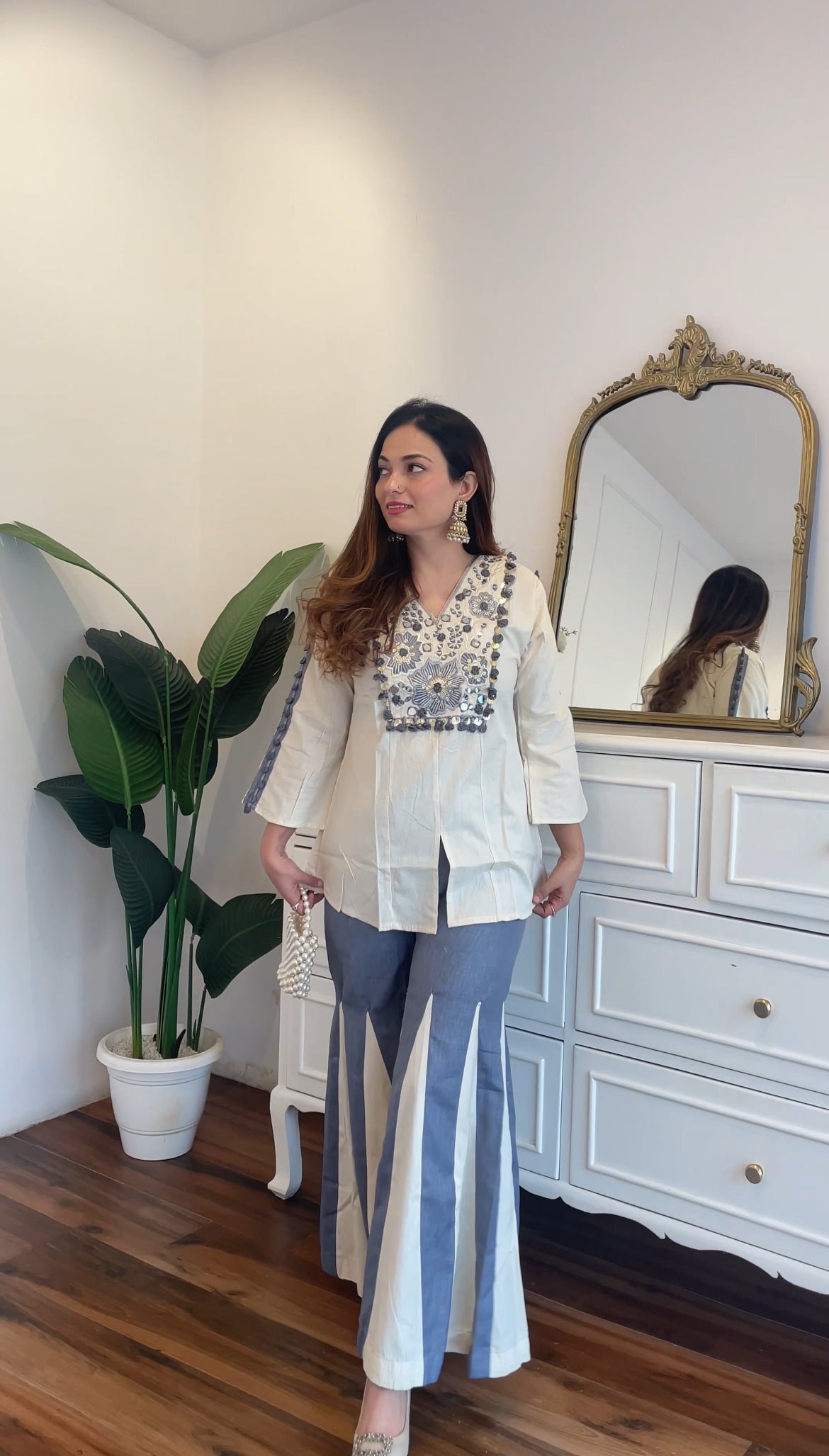 Ivory & Blue Embroidered co-ord Set with Statement Flared Pants
