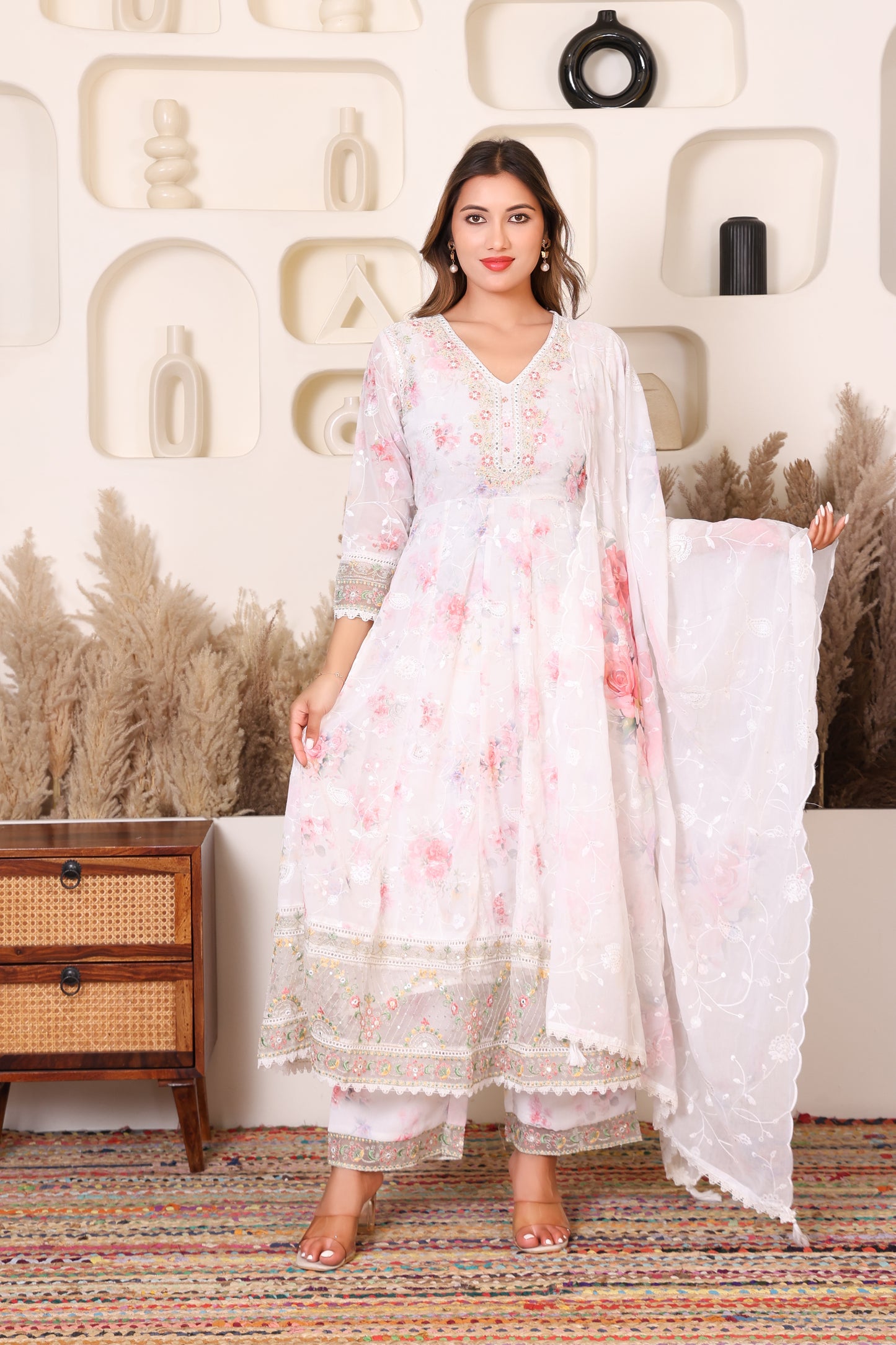 White Floral Embroidered Net Anarkali Suit with Dupatta