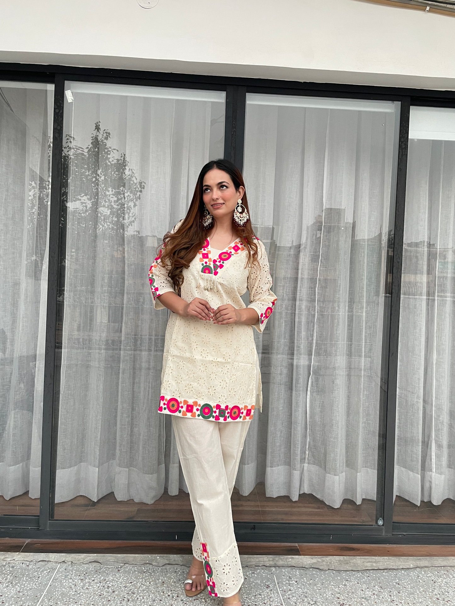 Cream Cotton Embroidered Co-ord Set with Multicolor Detailing