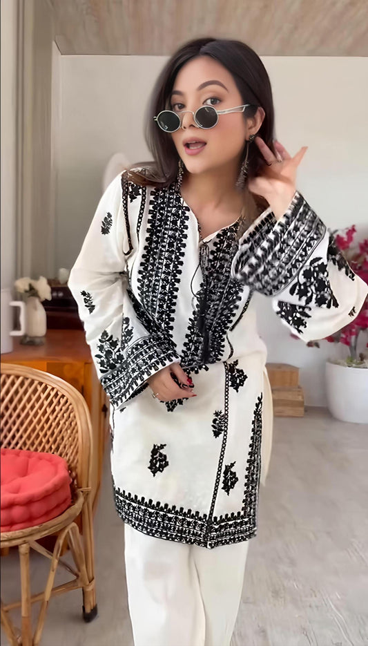 Ivory & Black Floral Embroidered Suit Set