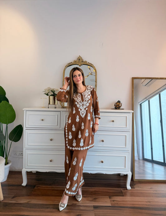 Brown Chikankari Embroidered Co-Ord Set