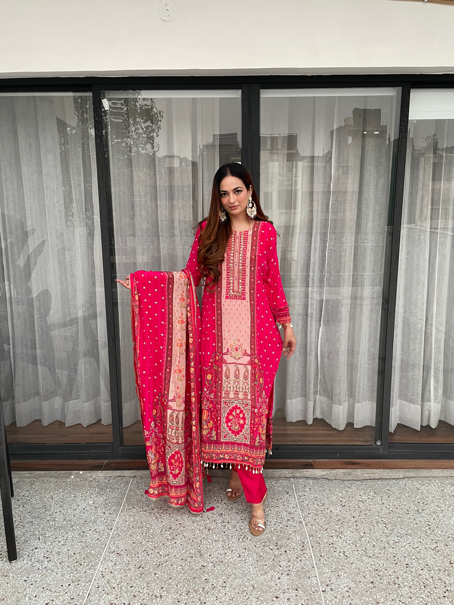 Hot Pink Embroidered Suit Set with Printed Dupatta