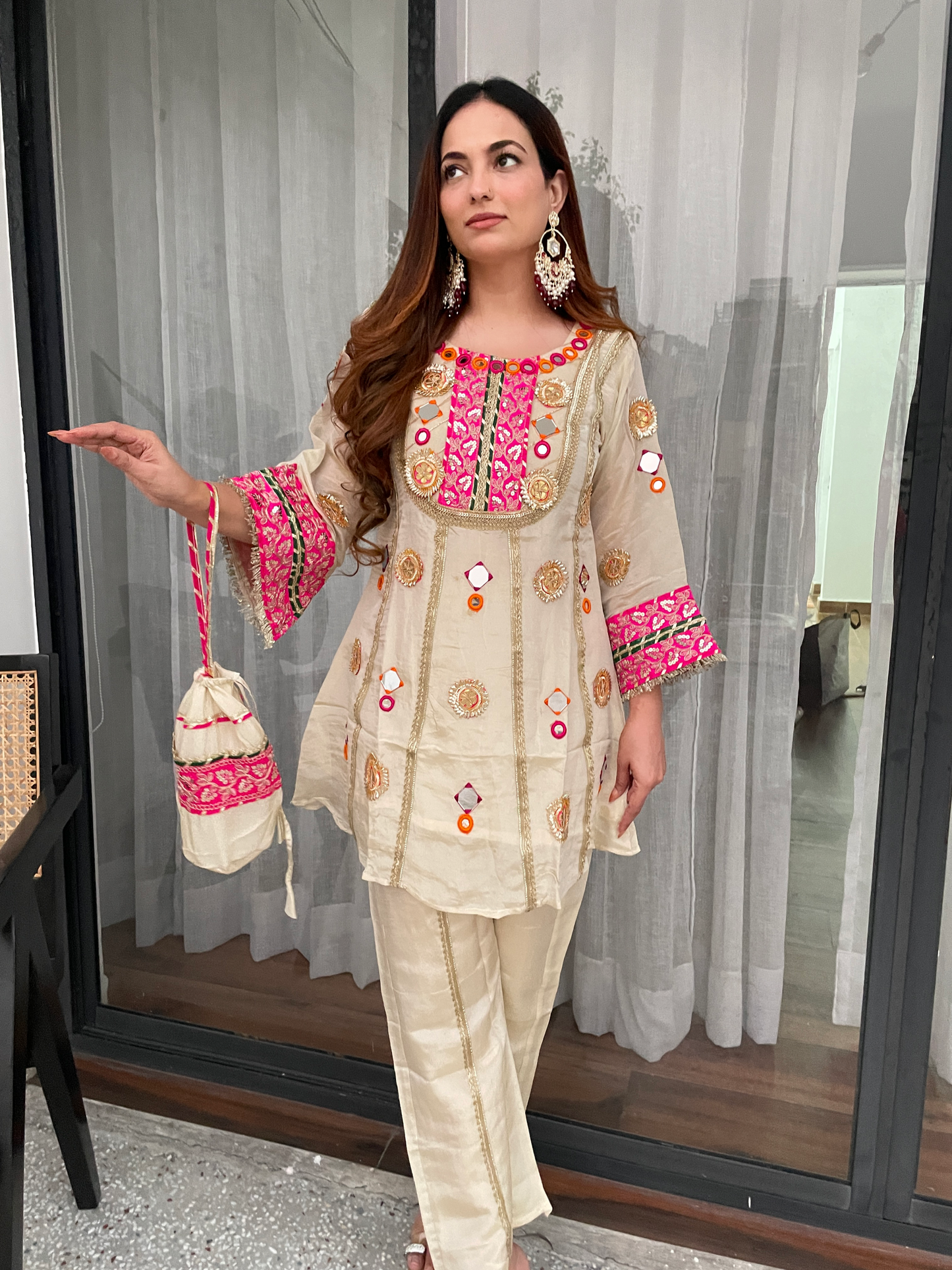 Beige Embroidered Co-ord Set with Mirror Work & Potli Bag