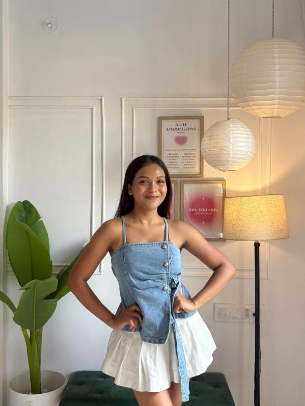 Light Blue Denim Corset Wrap Top with Waist Tie Belt