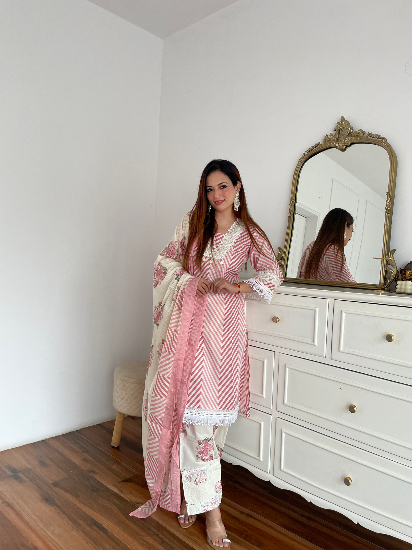 Pink Chevron Floral Embroidered Suit Set