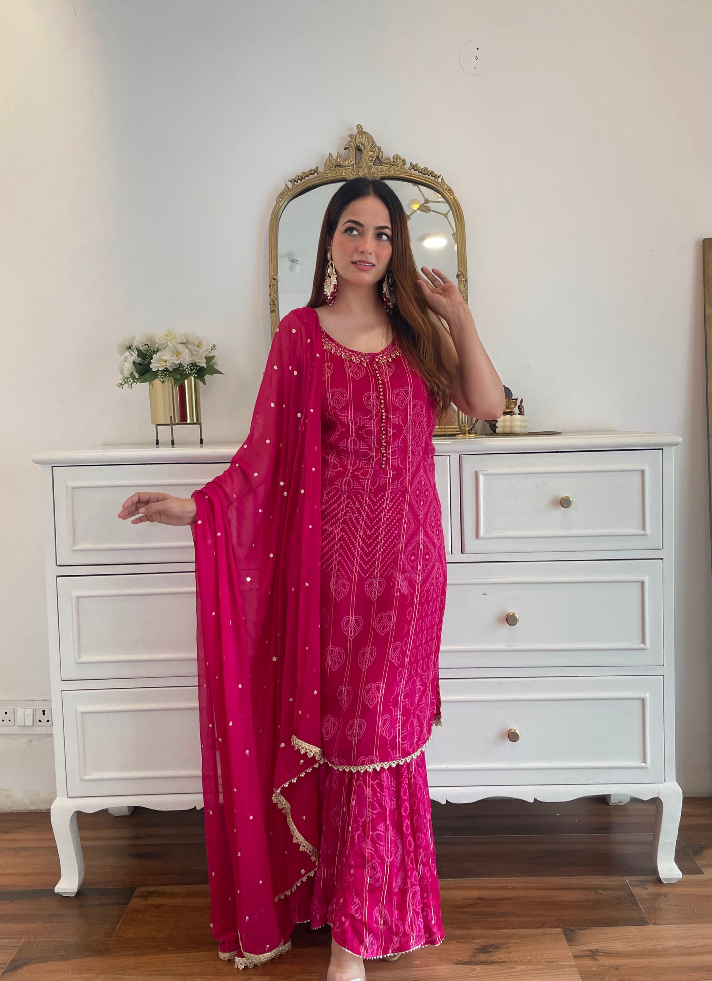 Rani Pink Bandhej Embroidered Sharara Set