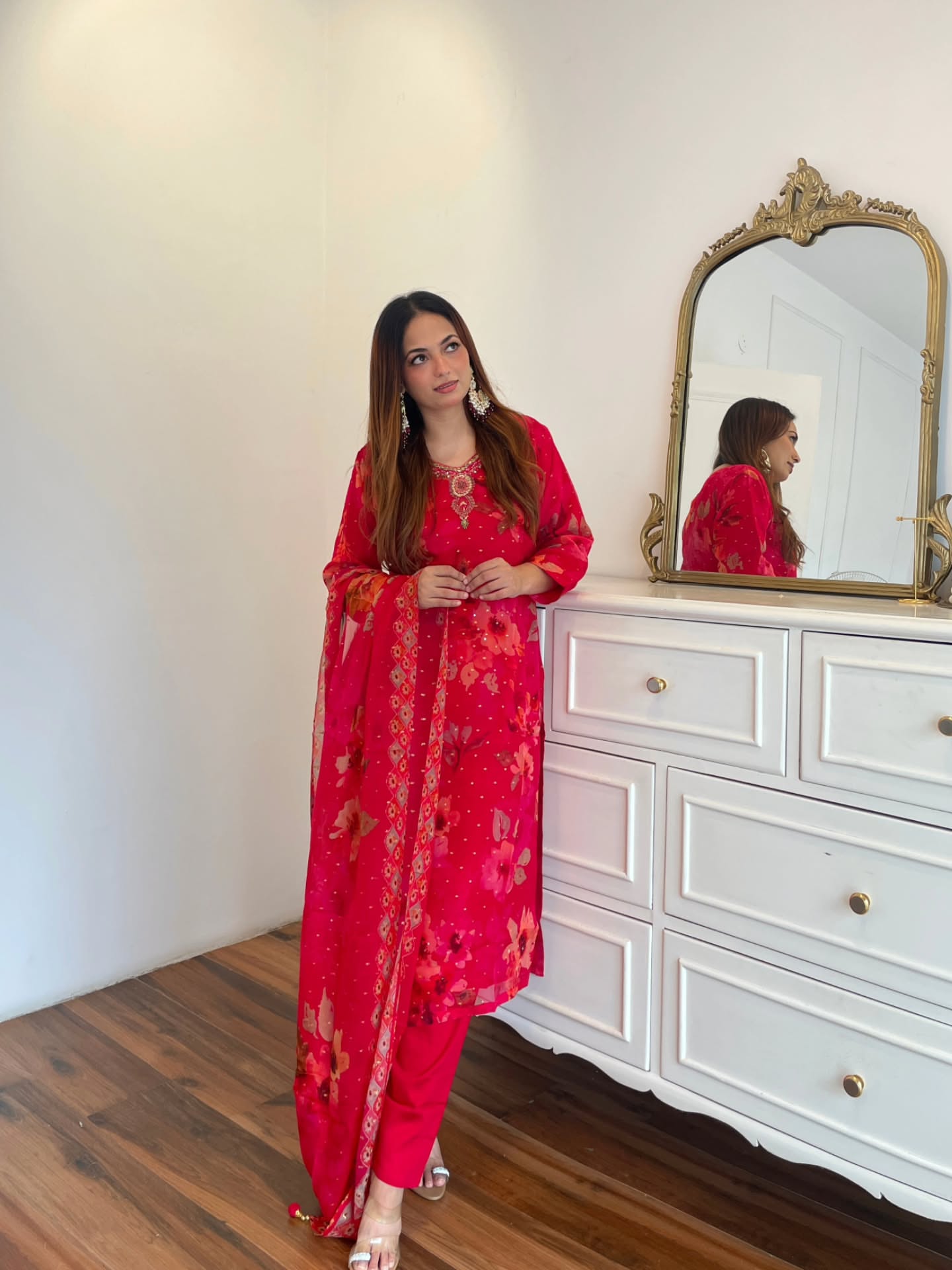 Hot Pink Floral Embroidered Suit Set with Printed Dupatta