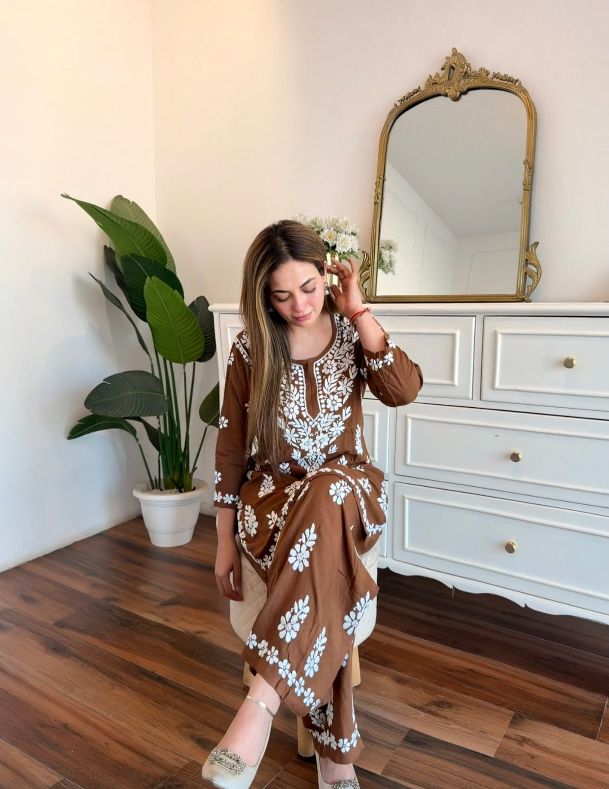 Brown Chikankari Embroidered Co-Ord Set