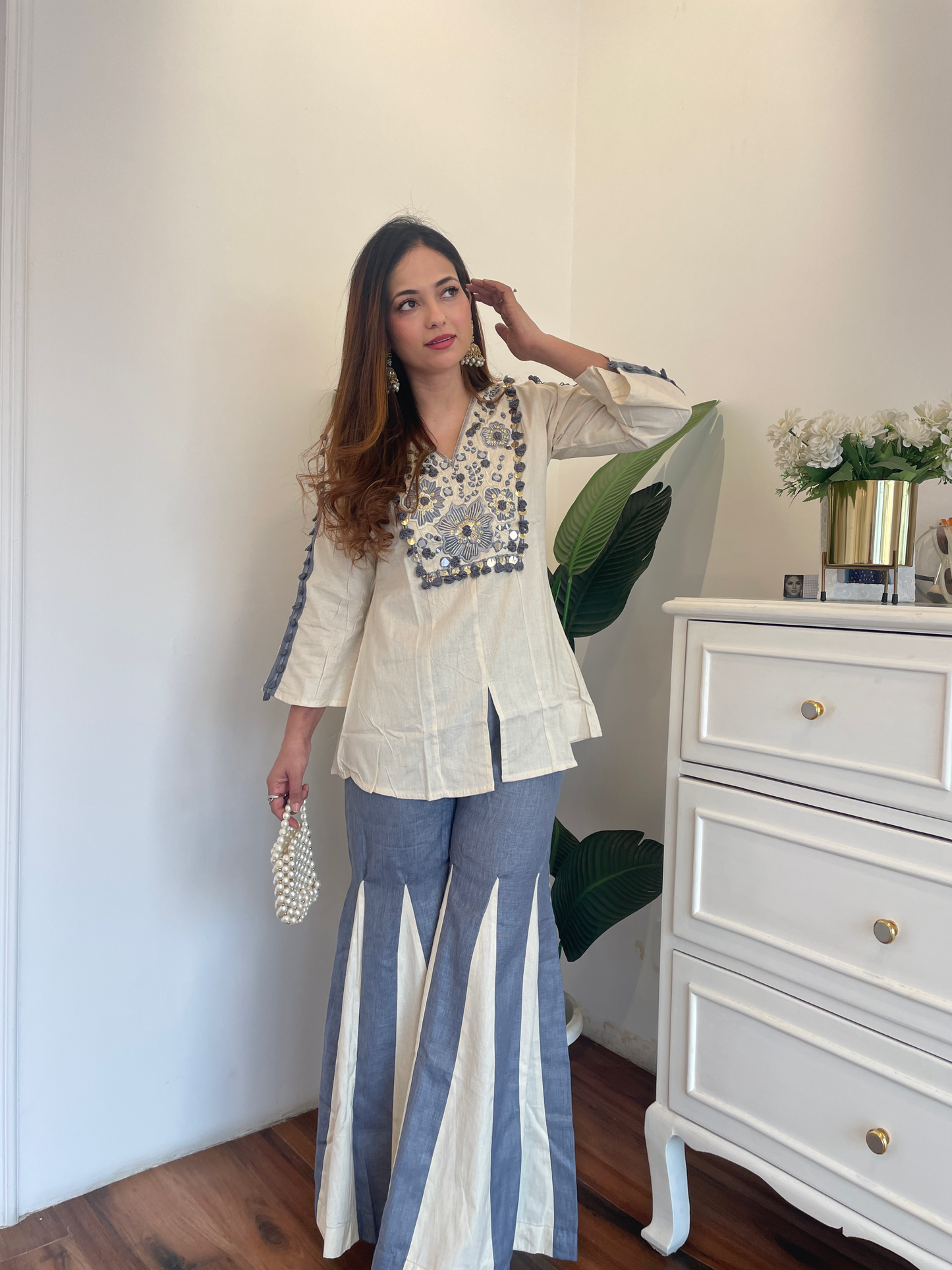 Ivory & Blue Embroidered co-ord Set with Statement Flared Pants