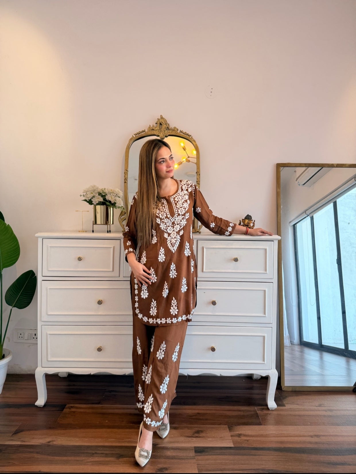 Brown Chikankari Embroidered Co-Ord Set