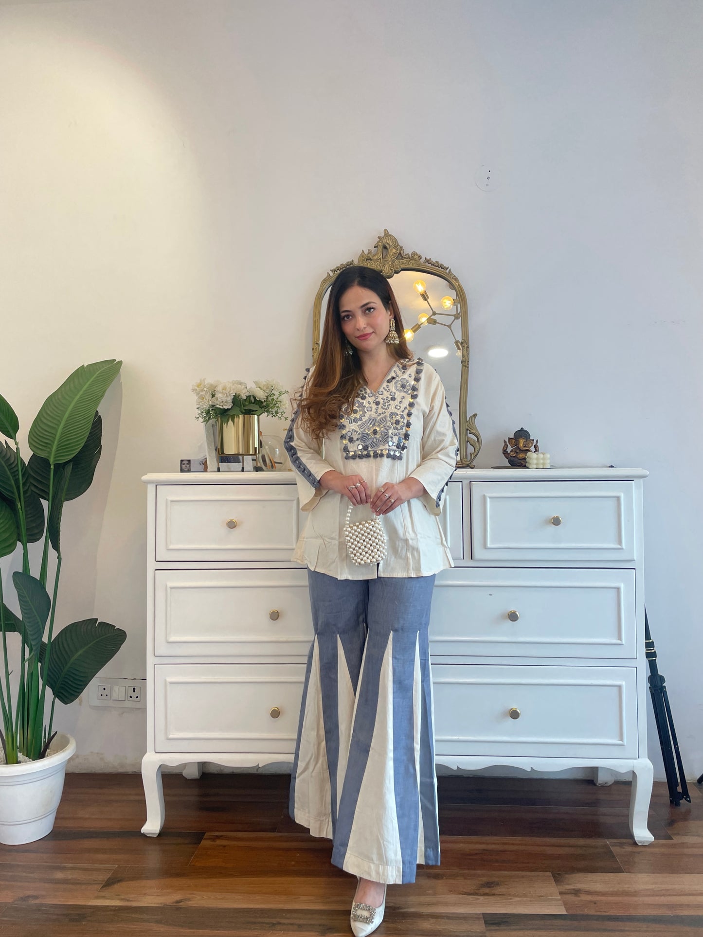 Ivory & Blue Embroidered co-ord Set with Statement Flared Pants