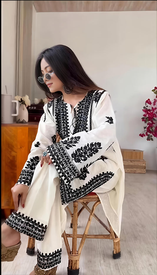Ivory & Black Floral Embroidered Suit Set