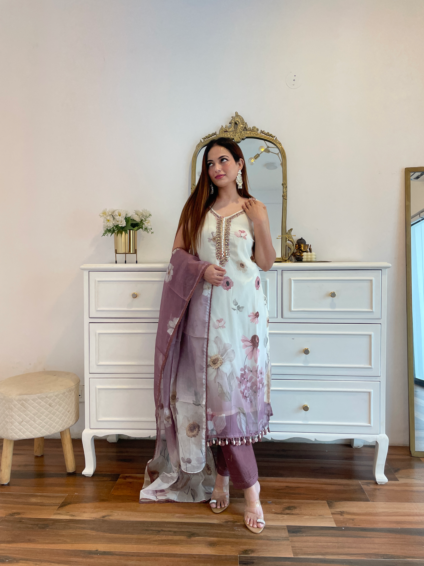 Onion Floral Printed Suit Set with Mirror Work & Organza Dupatta