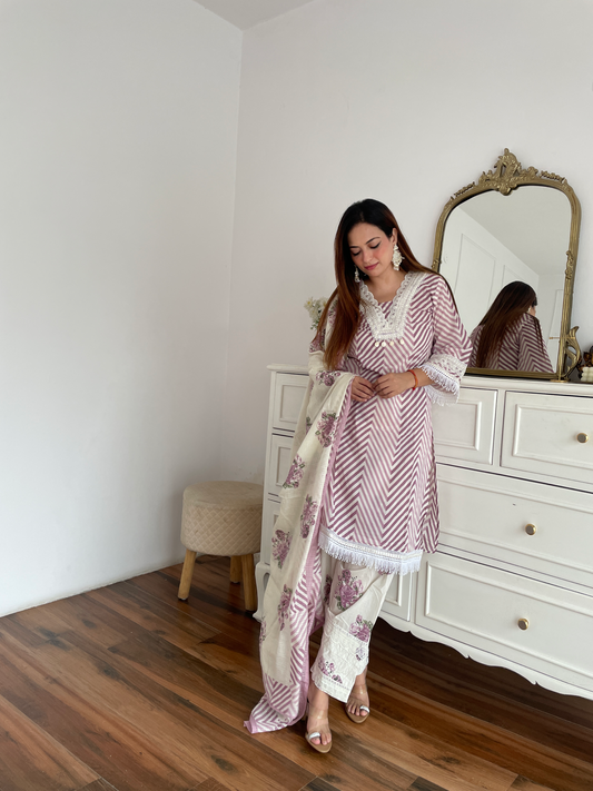 Purple Chevron Floral Embroidered Suit Set