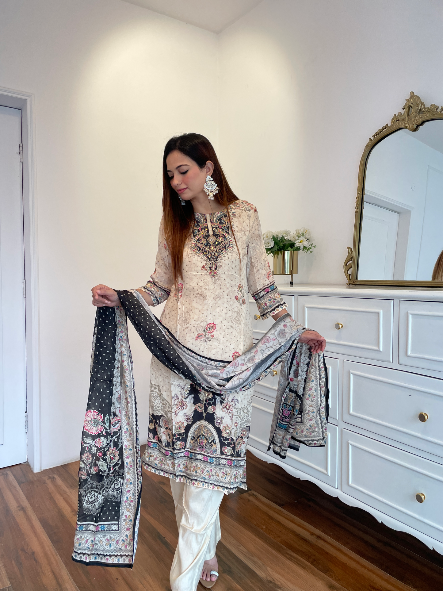 Cream Elegance Printed Embroidered Crap Suit Set