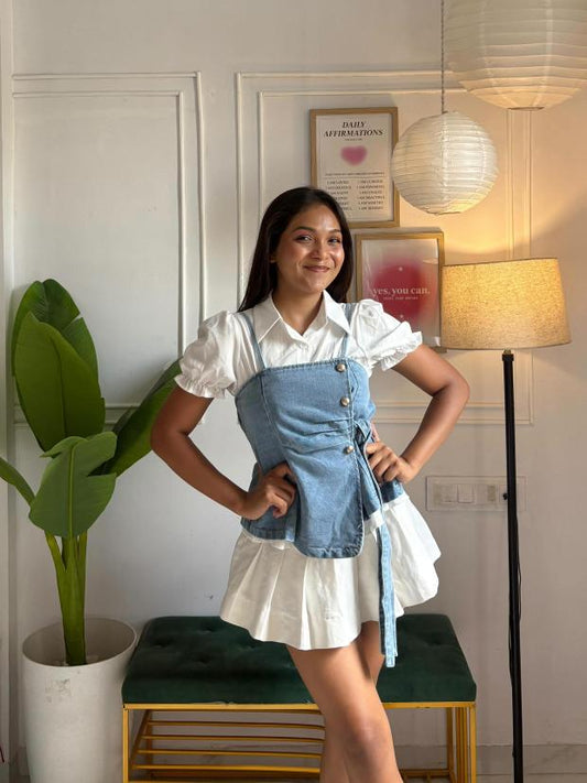 Light Blue Denim Corset Wrap Top with Waist Tie Belt