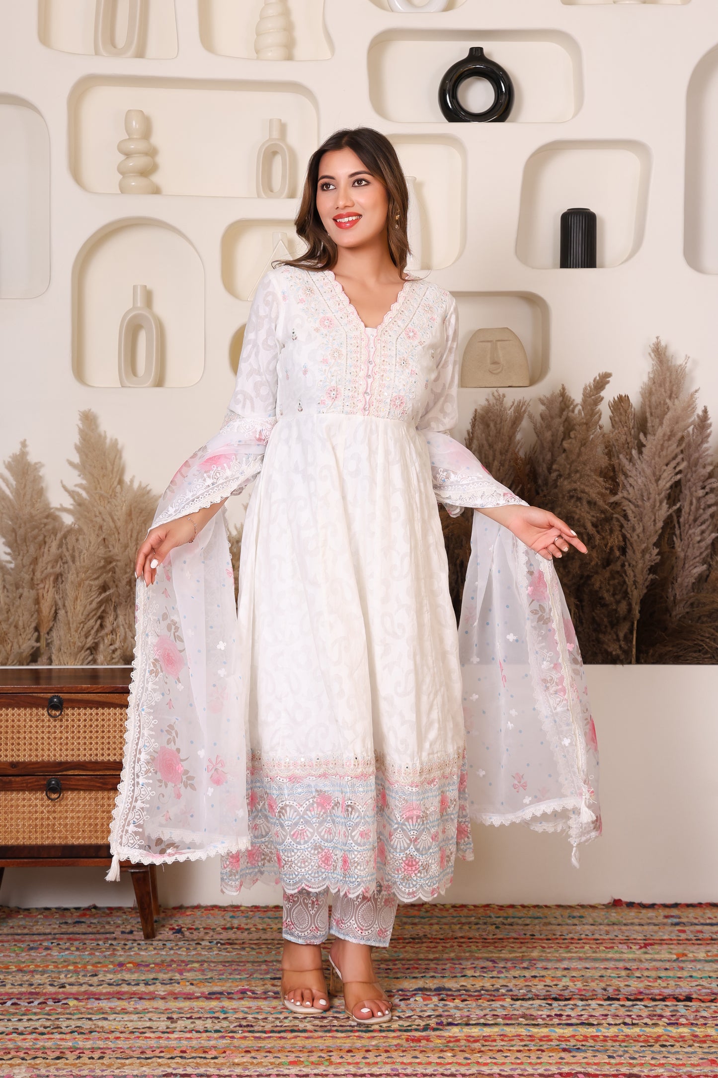 White Blossom Embroidered Suit Set