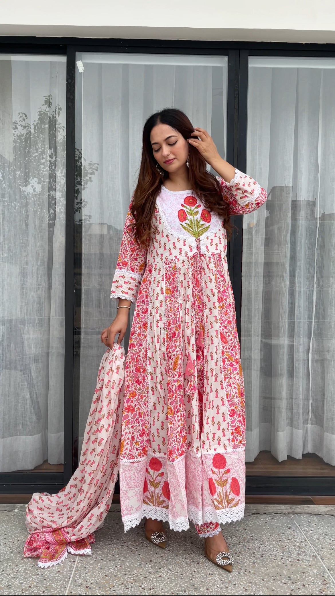 Blush Pink Floral Printed Frock Suit Set with Dupatta