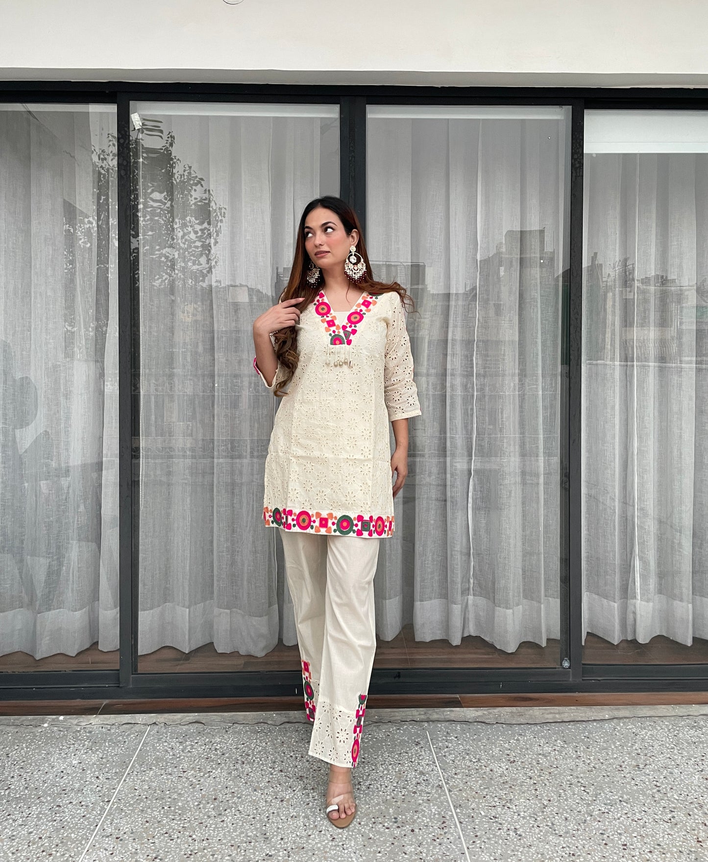 Cream Cotton Embroidered Co-ord Set with Multicolor Detailing