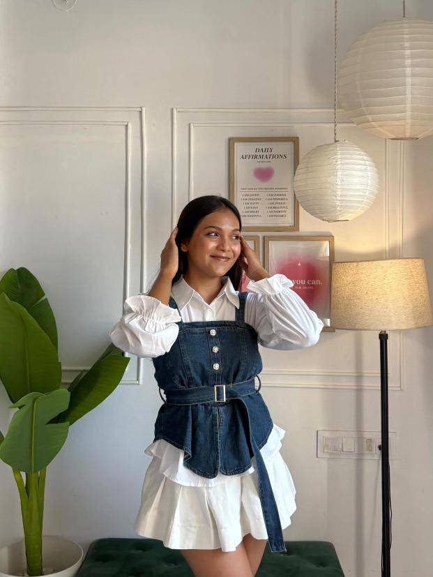 Dark Blue Denim Corset Top with Buckle Belt