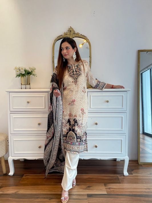 Cream Elegance Printed Embroidered Crap Suit Set