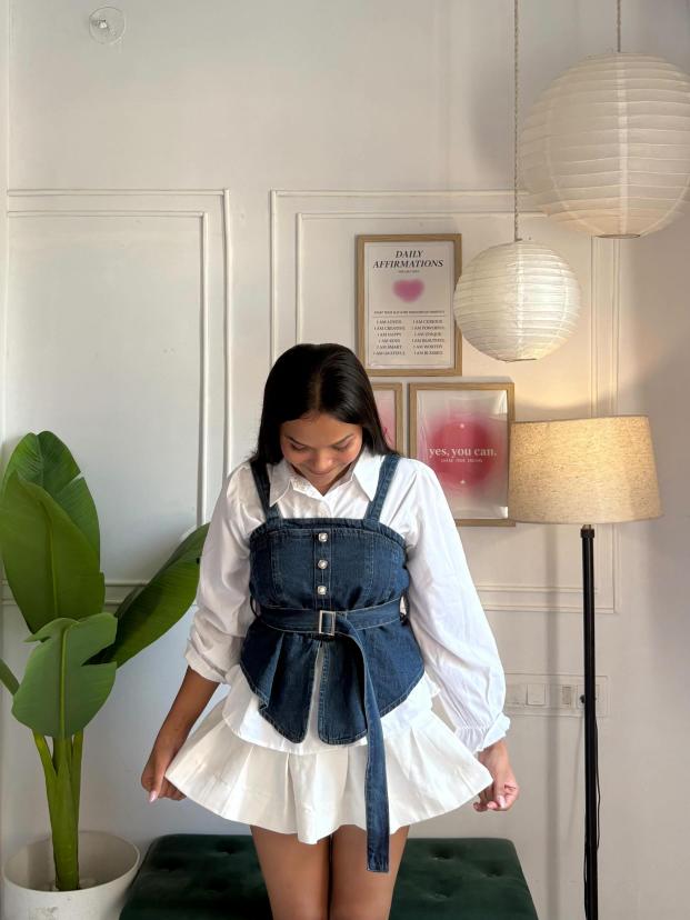 Dark Blue Denim Corset Top with Buckle Belt