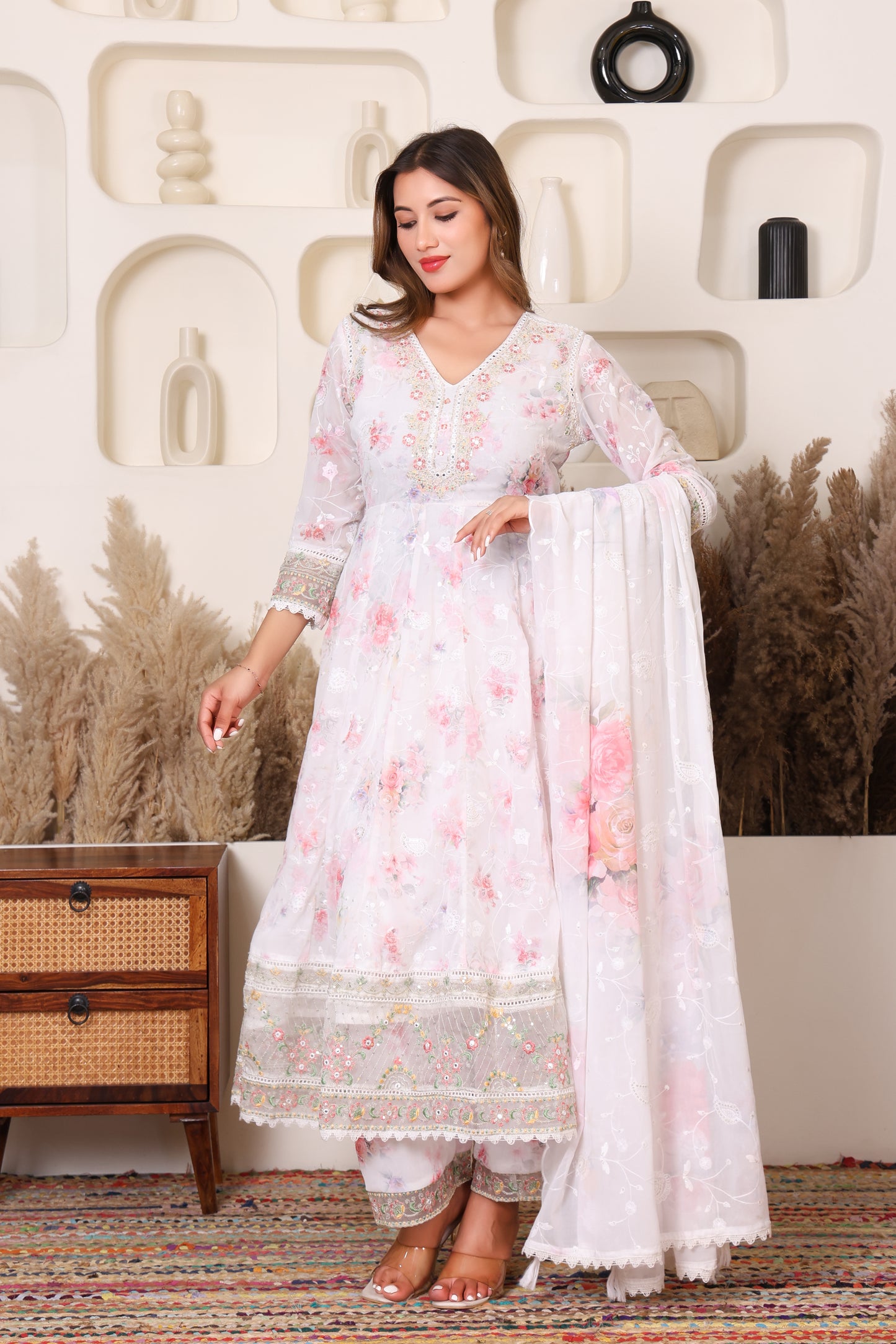 White Floral Embroidered Net Anarkali Suit with Dupatta