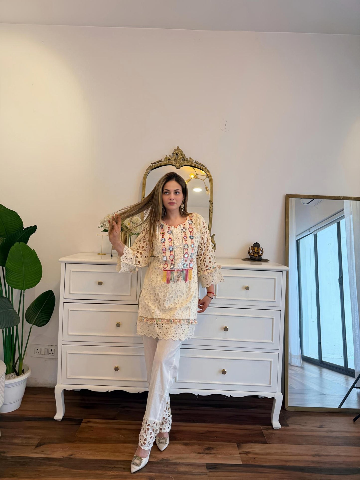 Ivory Cutwork Embroidered Co-Ord Set with Multicolour Neckline Detailing ✨