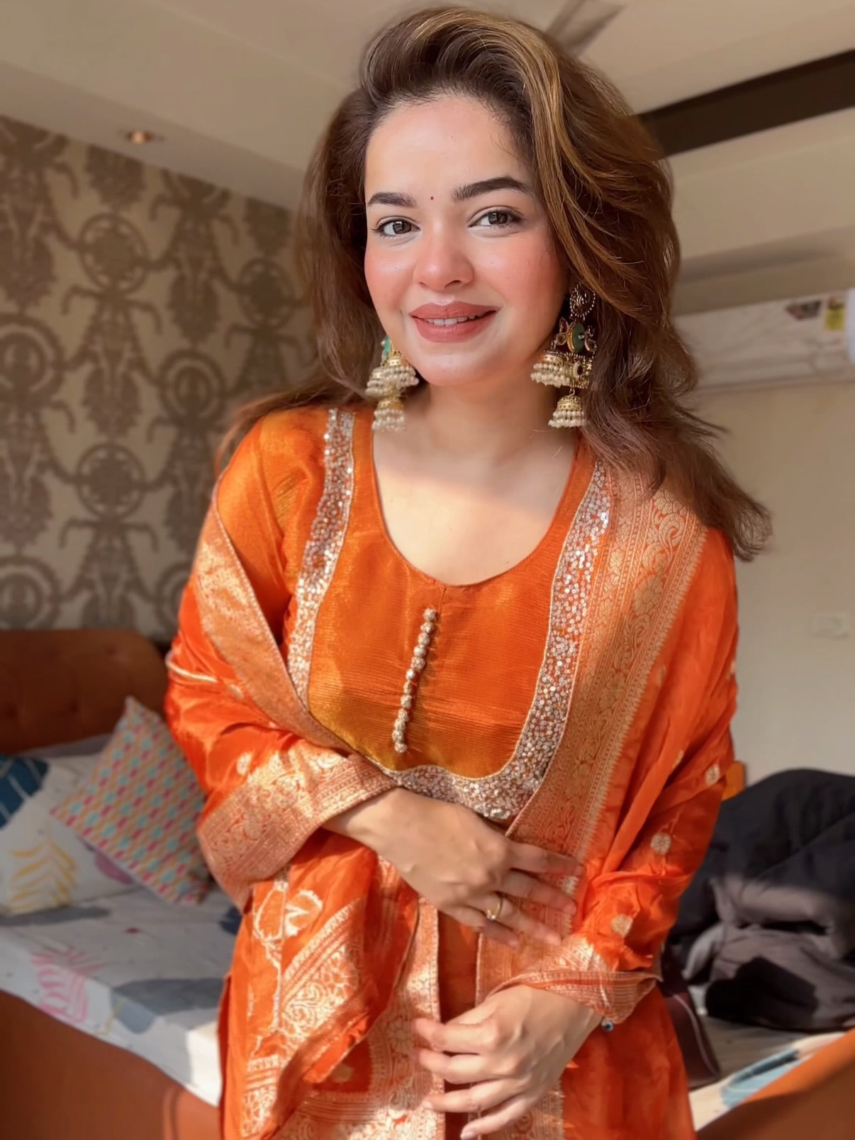 Rust Orange Embroidered Sharara Suit Set with Printed Dupatta