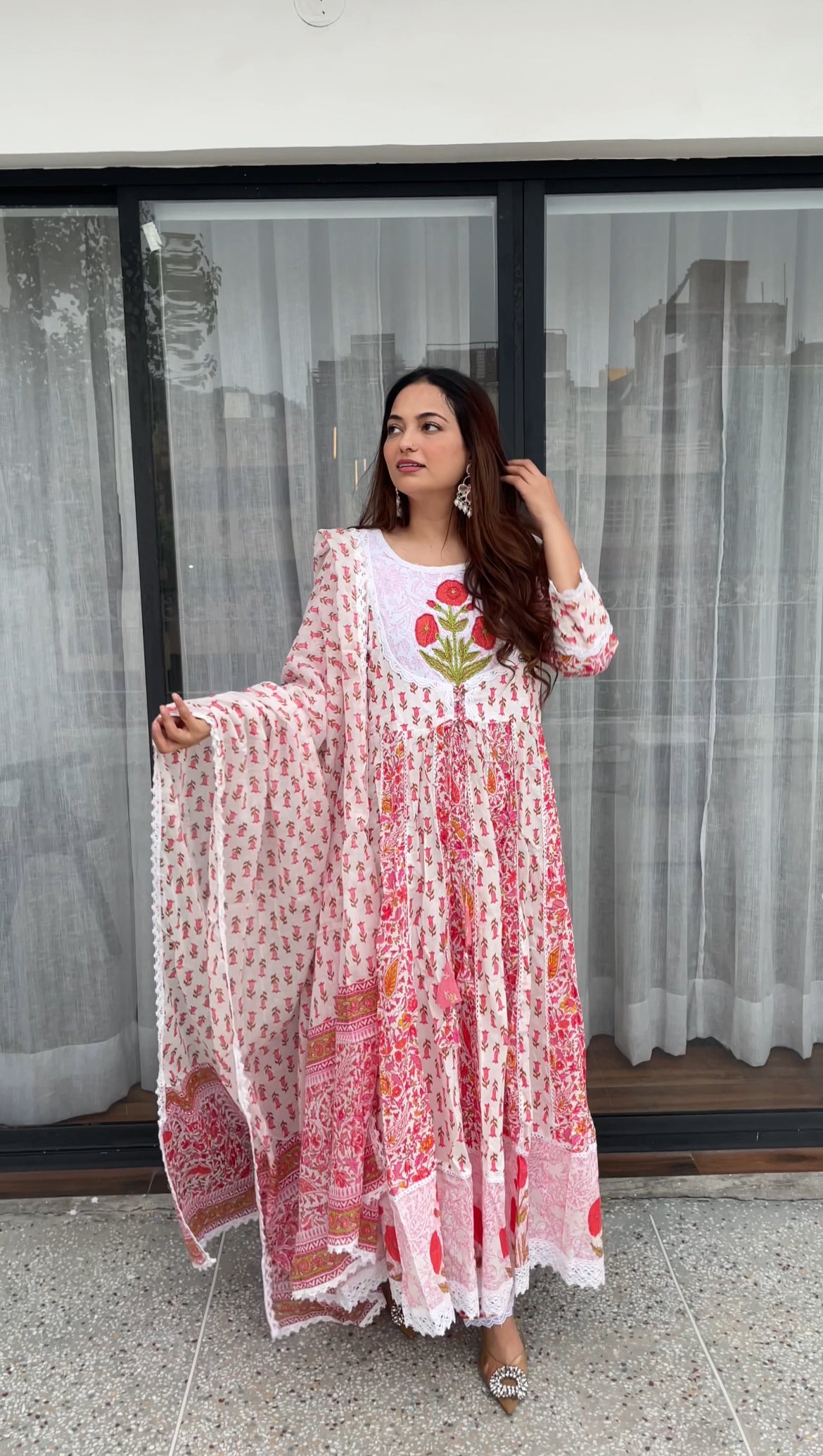Blush Pink Floral Printed Frock Suit Set with Dupatta