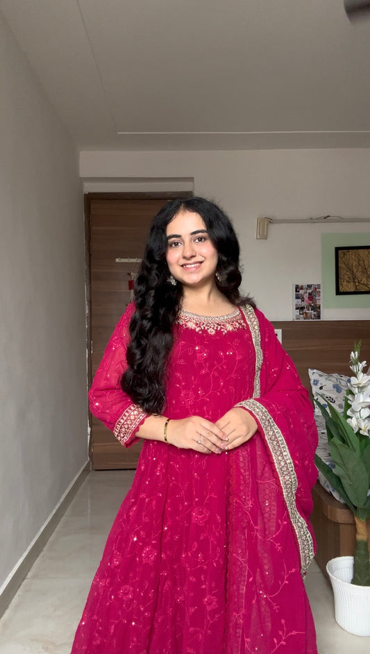 Deep Rose Red Embroidered Anarkali Suit Set with Dupatta