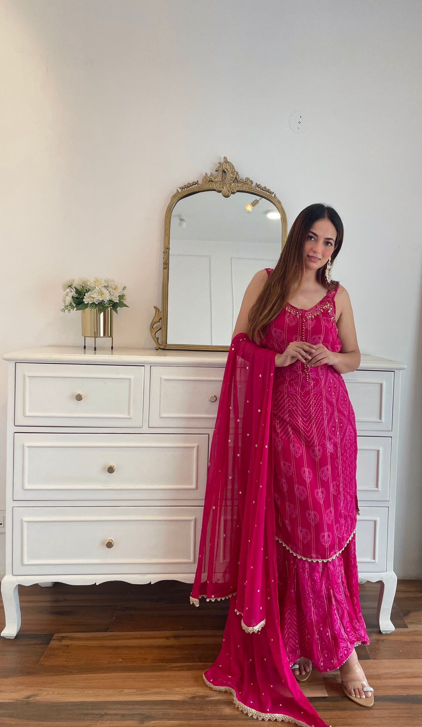 Rani Pink Bandhej Embroidered Sharara Set