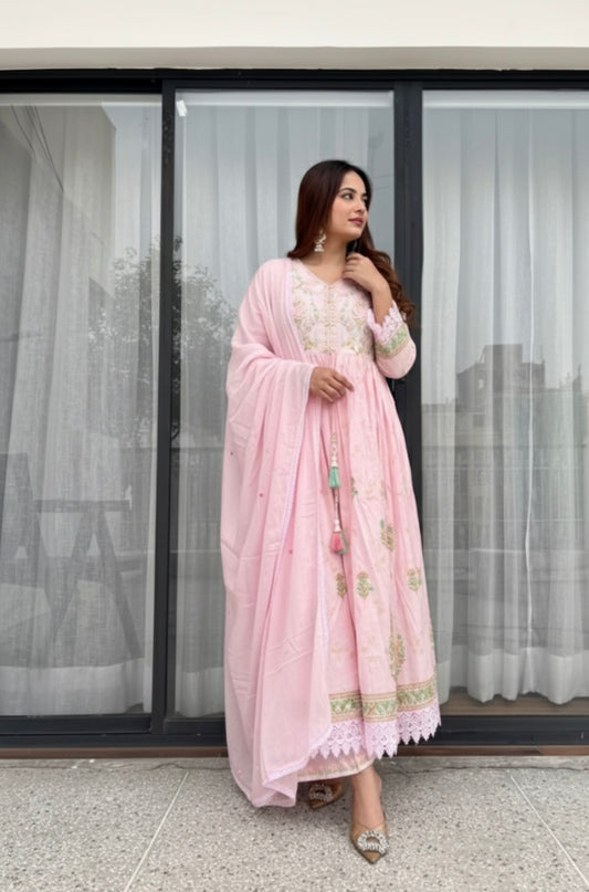 Blush Pink Floral Embroidered Anarkali Set