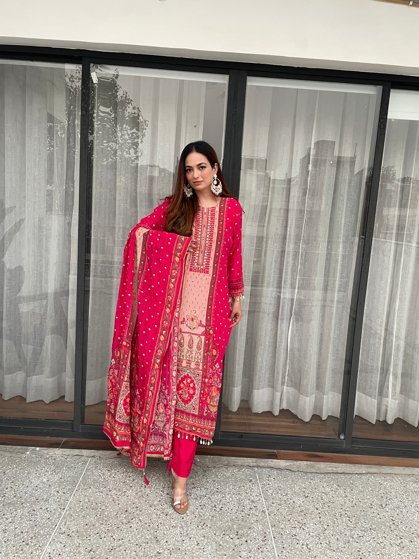 Hot Pink Embroidered Suit Set with Printed Dupatta