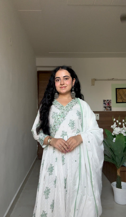 White & Sage Green Floral Anarkali Suit Set