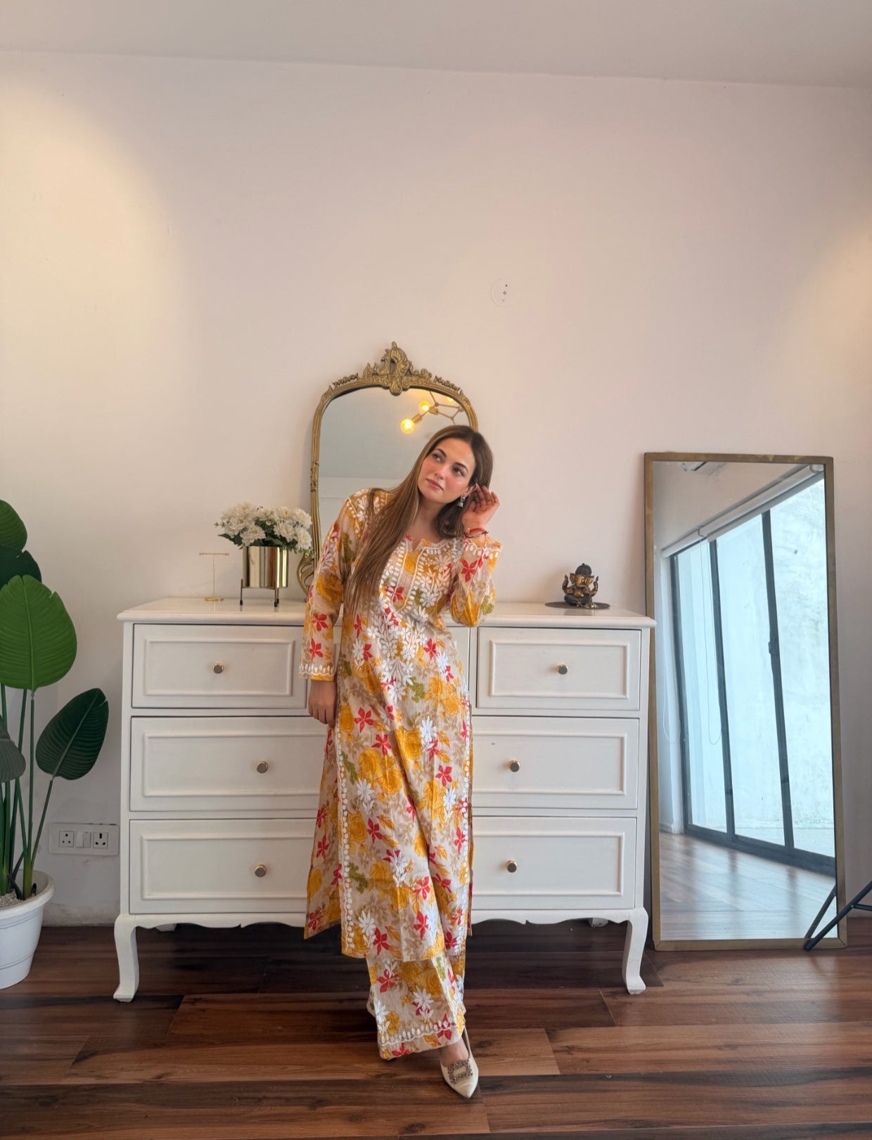 Yellow & White Floral Chikankari Suit Set with Vibrant Embroidery