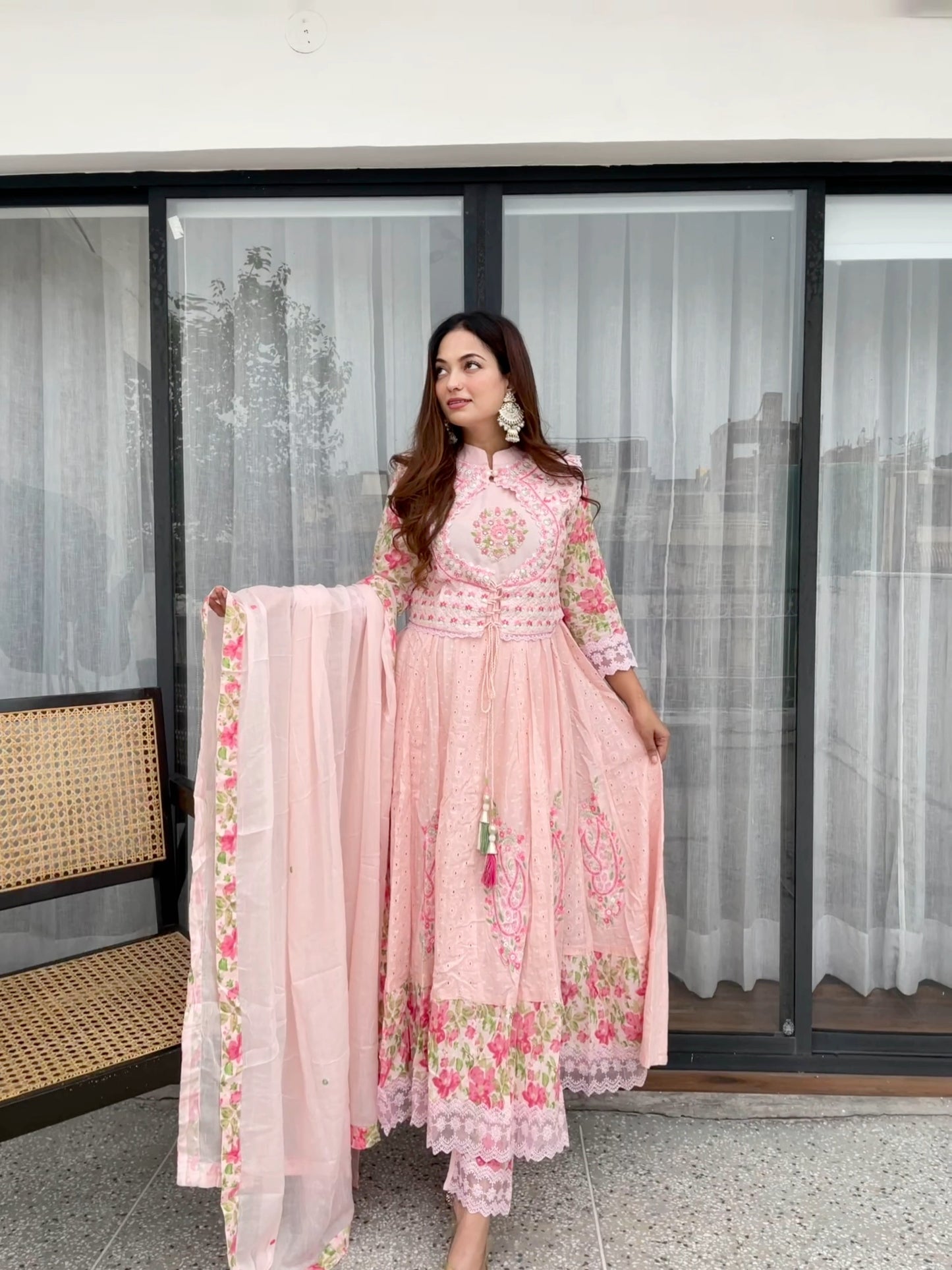 Blush Pink Embroidered Anarkali Suit Set with Dupatta