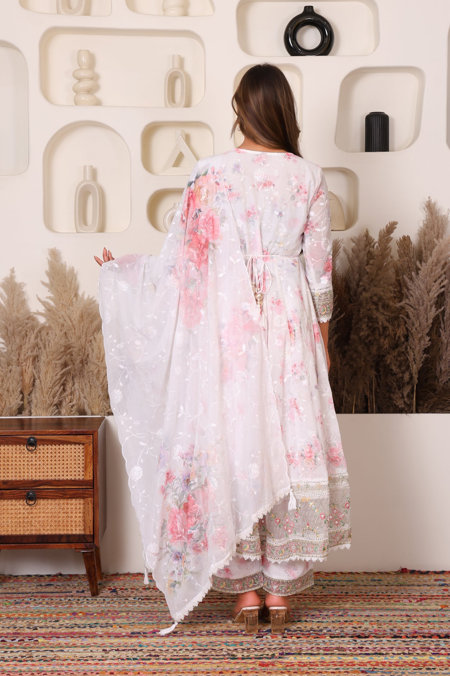 White Floral Embroidered Net Anarkali Suit with Dupatta