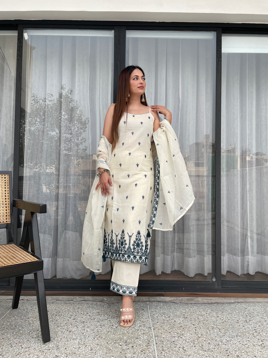 Elegant Ivory White With Blue  Embroidered Kurta Pant Set
