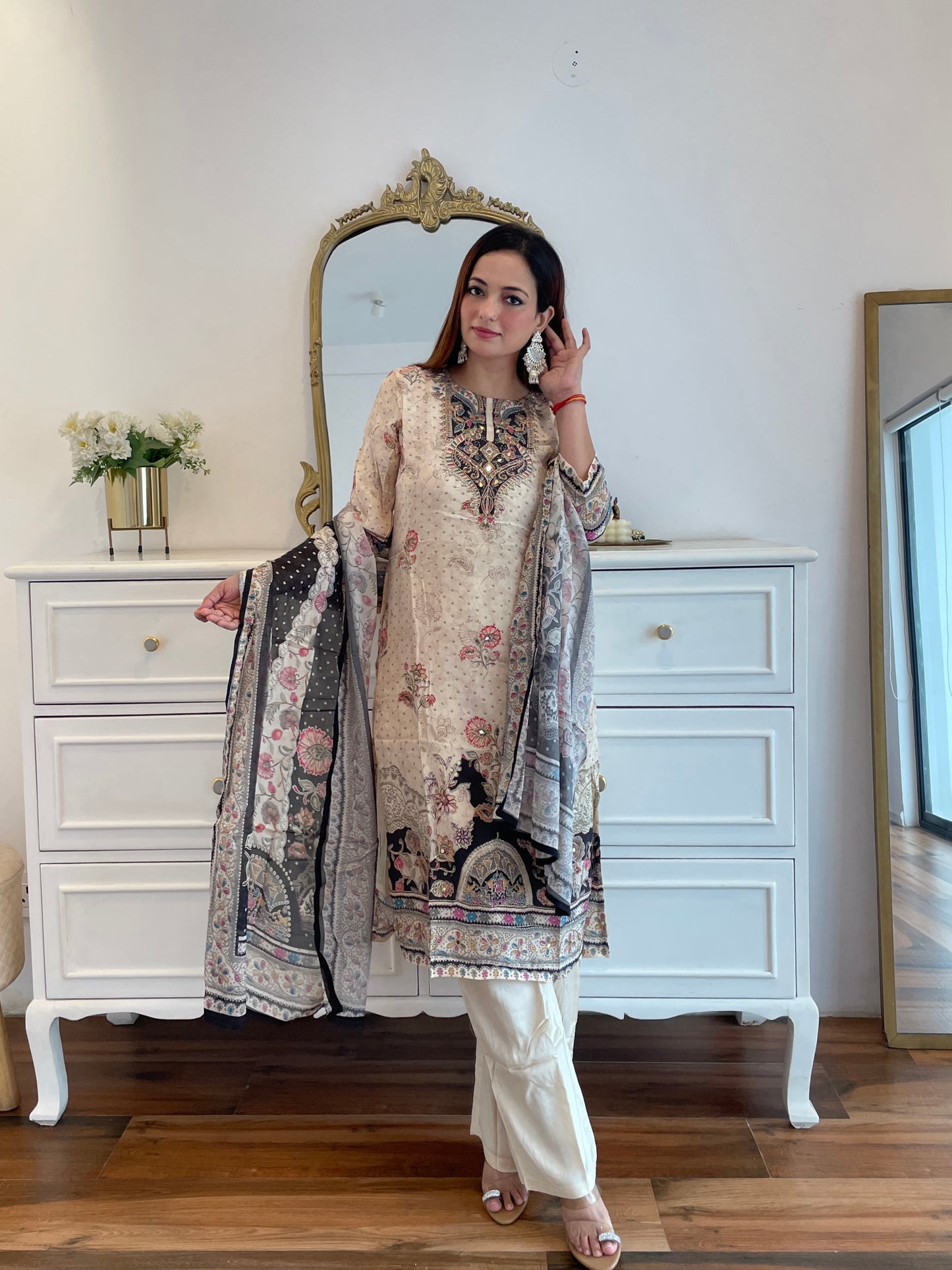 Cream Elegance Printed Embroidered Crap Suit Set