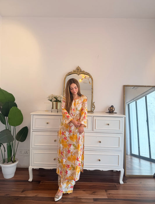Yellow & White Floral Chikankari Suit Set with Vibrant Embroidery