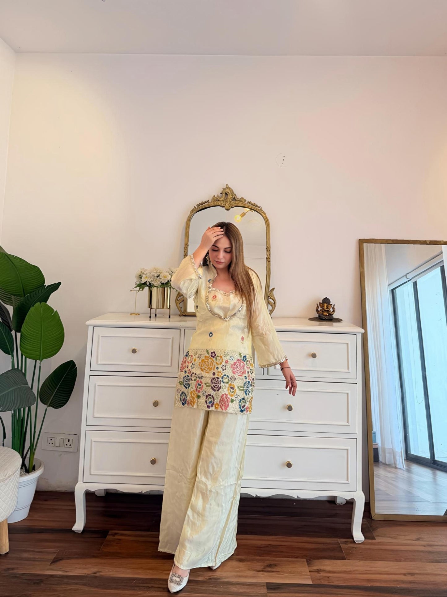 Ivory Floral Embroidered Co-Ord Set with Multicolour Threadwork