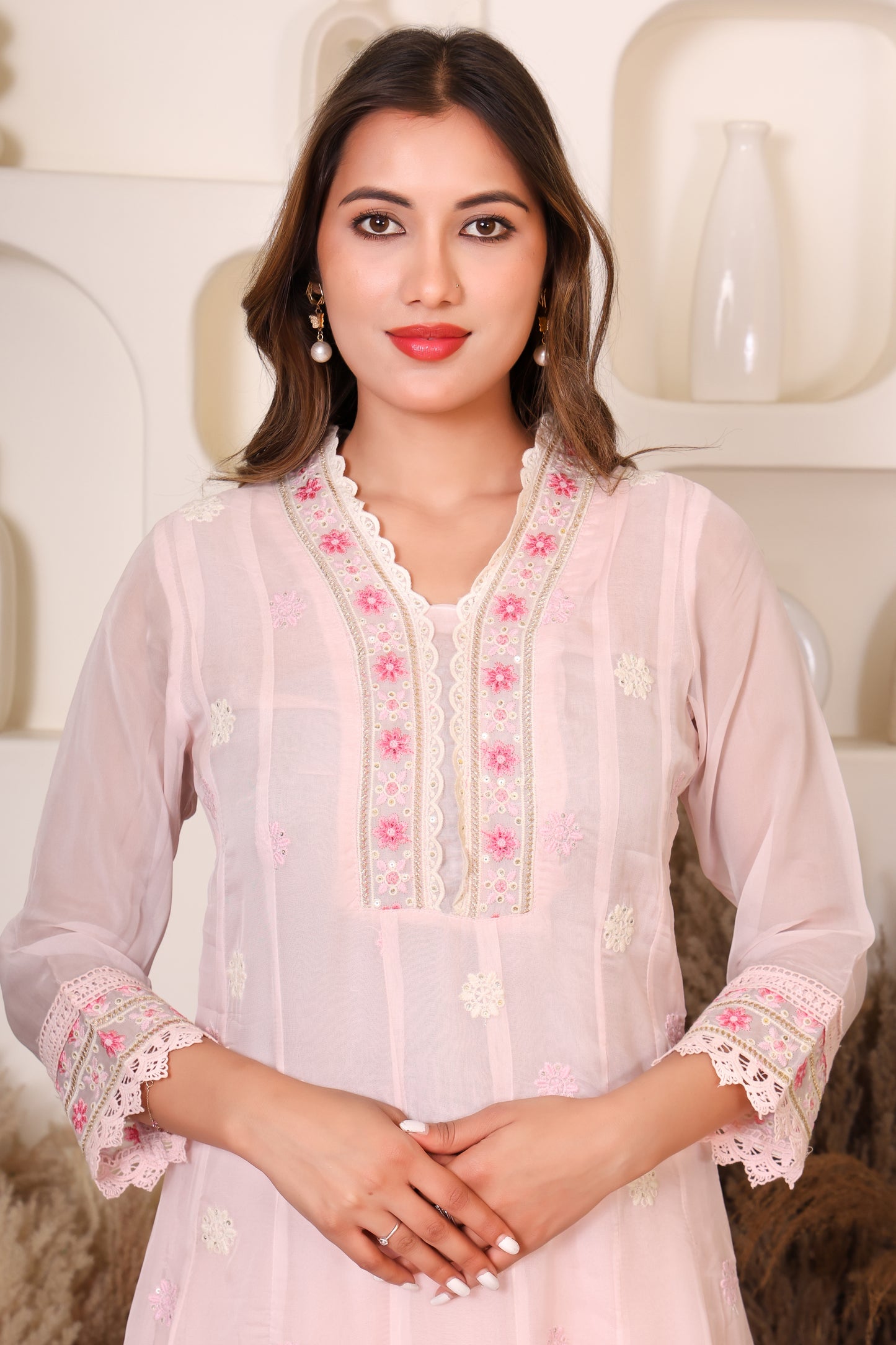 Ivory pink embroidered anarkali suit set with dupatta