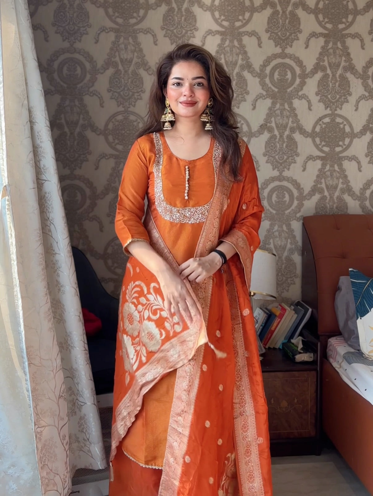 Rust Orange Embroidered Sharara Suit Set with Printed Dupatta