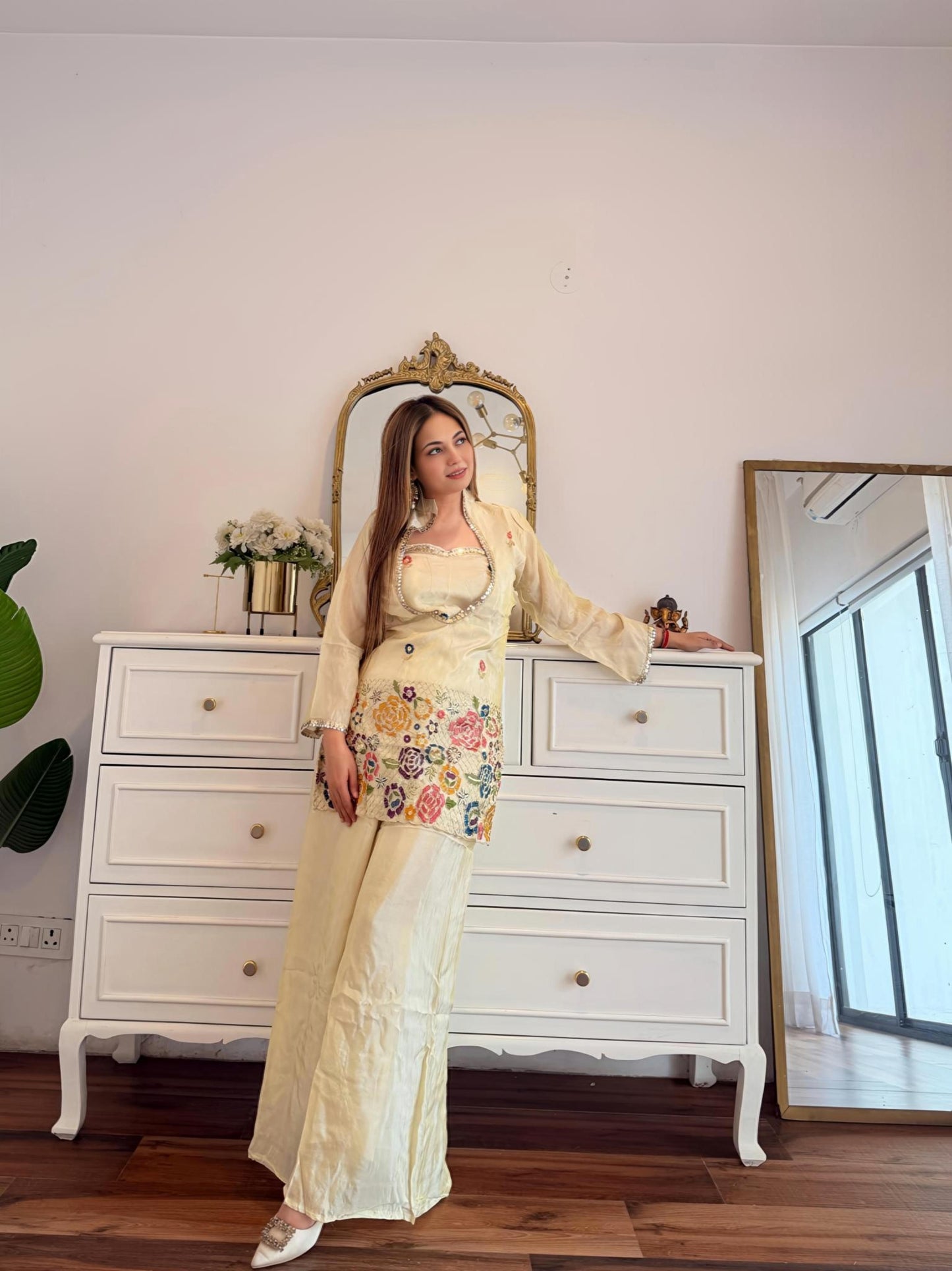 Ivory Floral Embroidered Co-Ord Set with Multicolour Threadwork