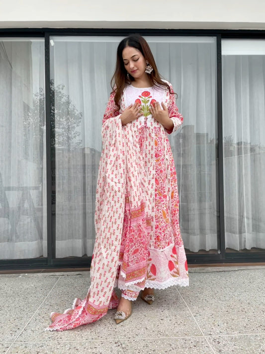 Blush Pink Floral Printed Frock Suit Set with Dupatta
