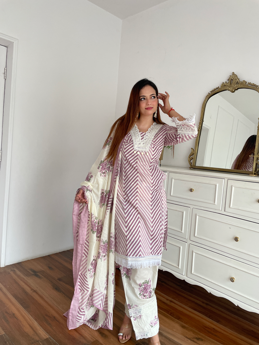 Purple Chevron Floral Embroidered Suit Set