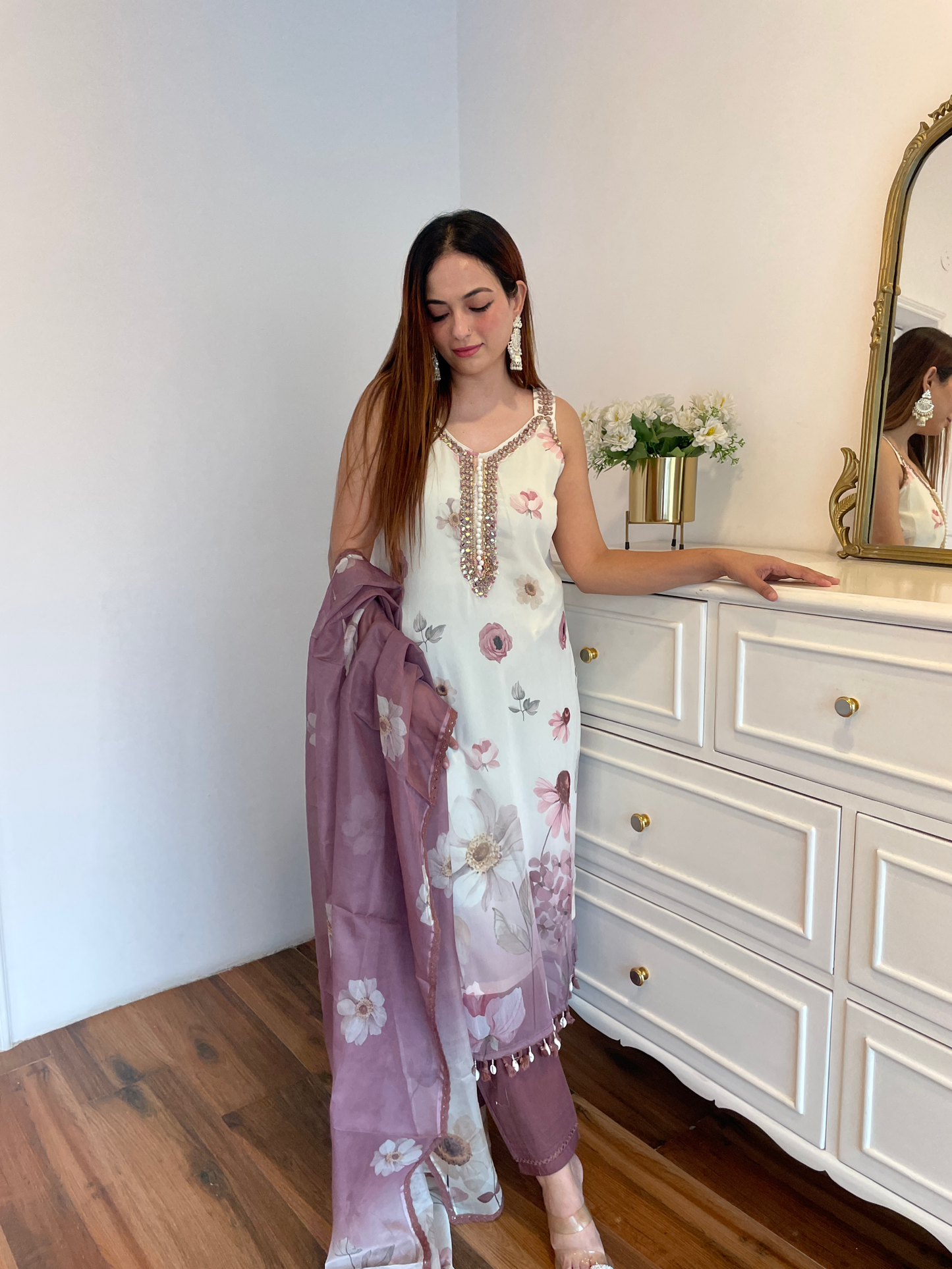 Onion Floral Printed Suit Set with Mirror Work & Organza Dupatta